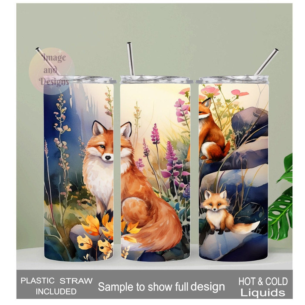 Fox Tumbler With A Family of Foxes 20oz With Reusable Straw, Can Be Personalized