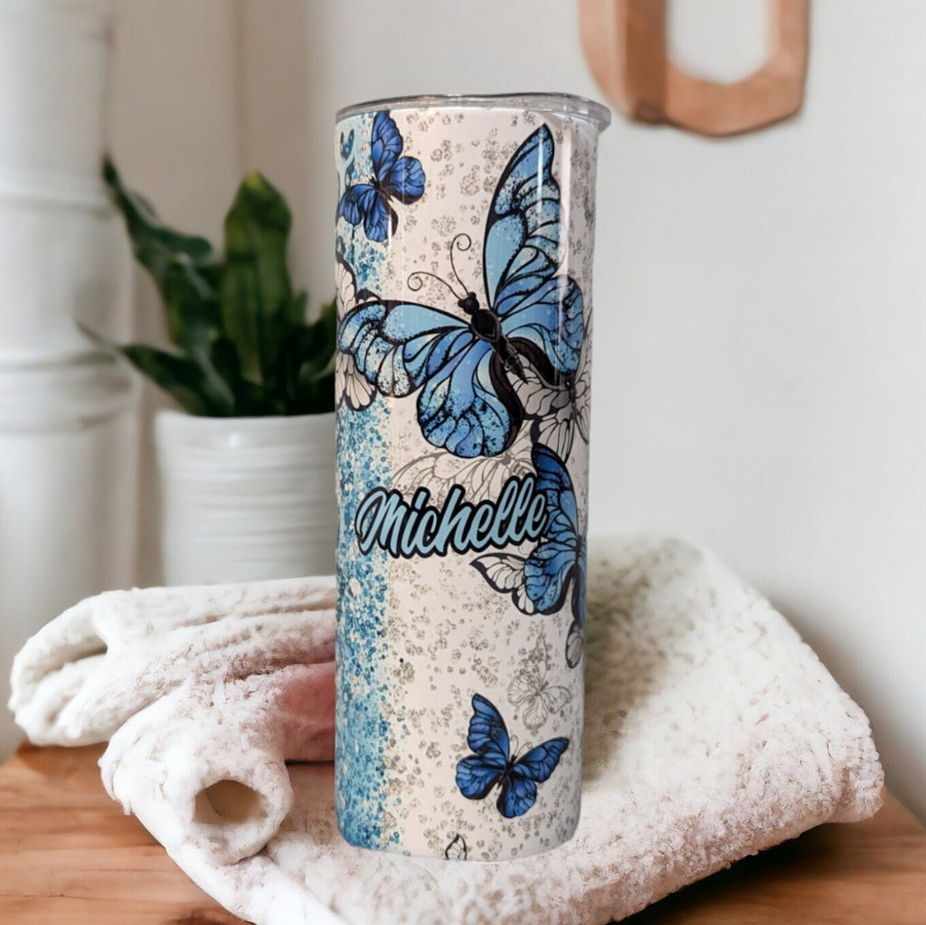 Blue Butterfly Tumbler With Leopard Print and Glitter Desig 20oz With Reusable Straw, Can Be Personalized