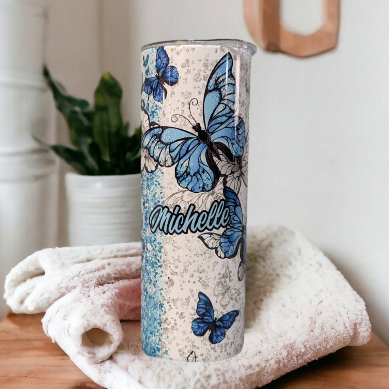Blue Butterfly Tumbler With Leopard Print and Glitter Desig 20oz With Reusable Straw, Can Be Personalized