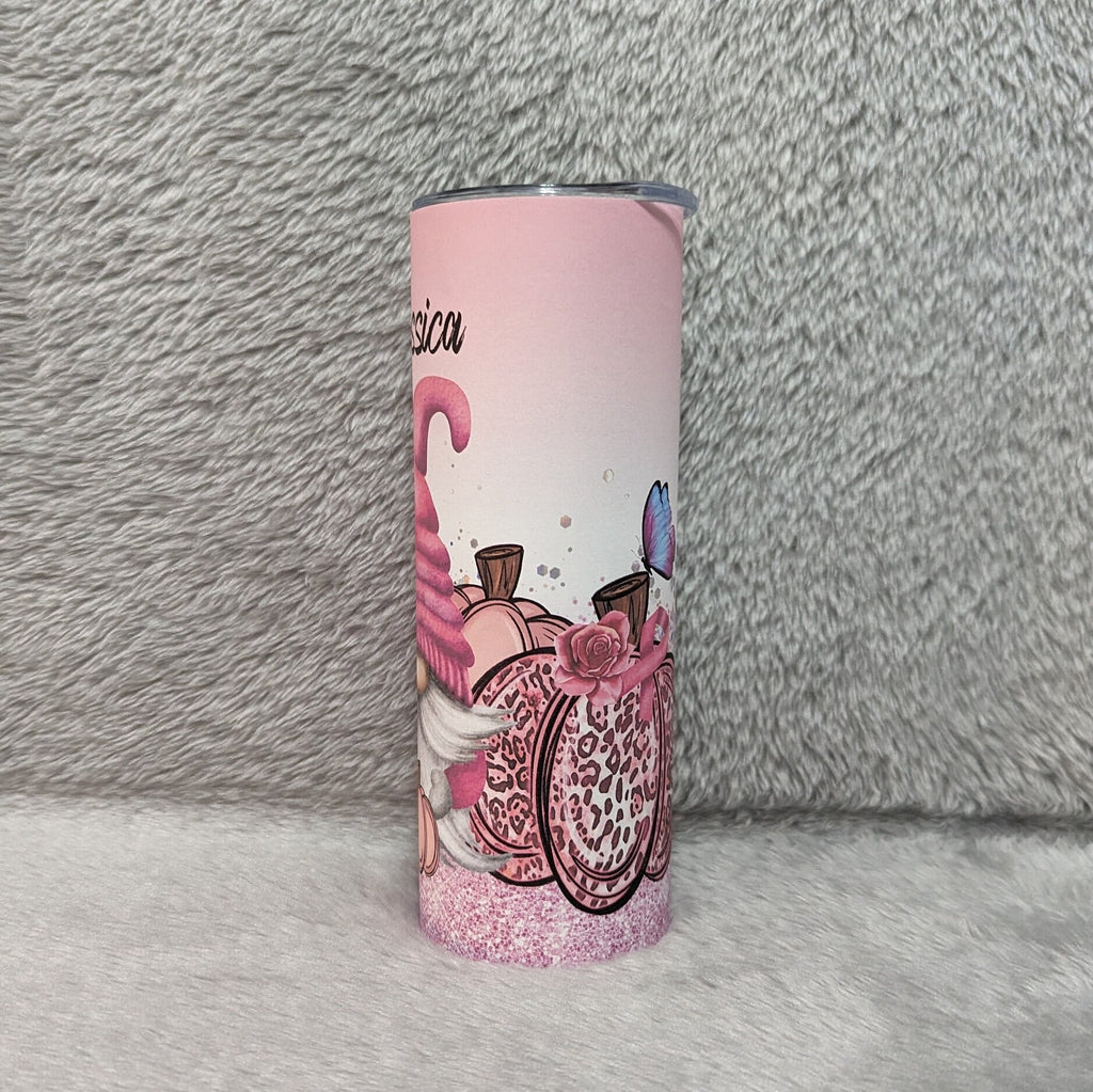 Pink Ribbon Gnome Tumbler with A Glitter Design 20oz With Reusable Straw, Can Be Personalized