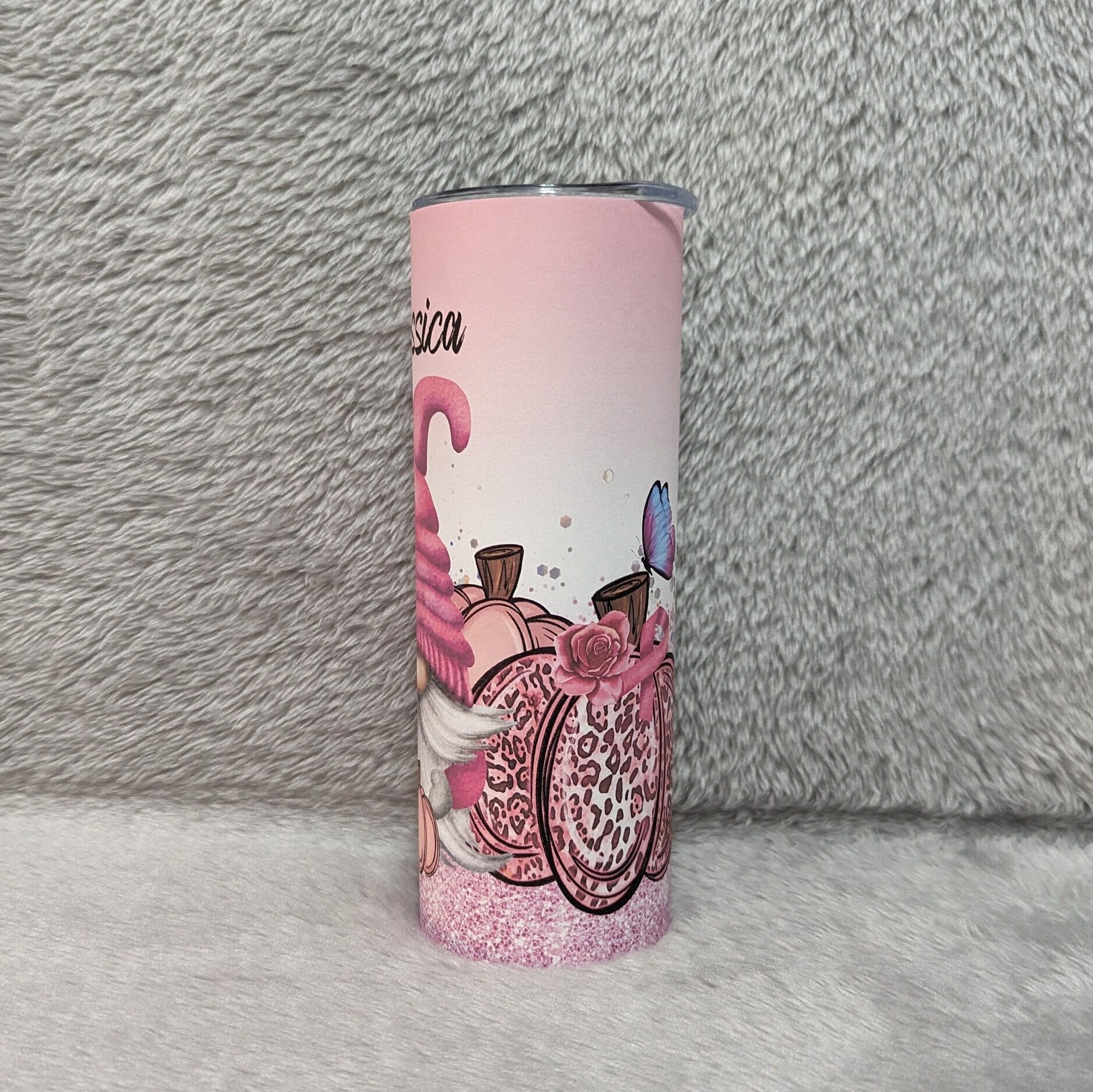 Pink Ribbon Gnome Tumbler with A Glitter Design 20oz With Reusable Straw, Can Be Personalized