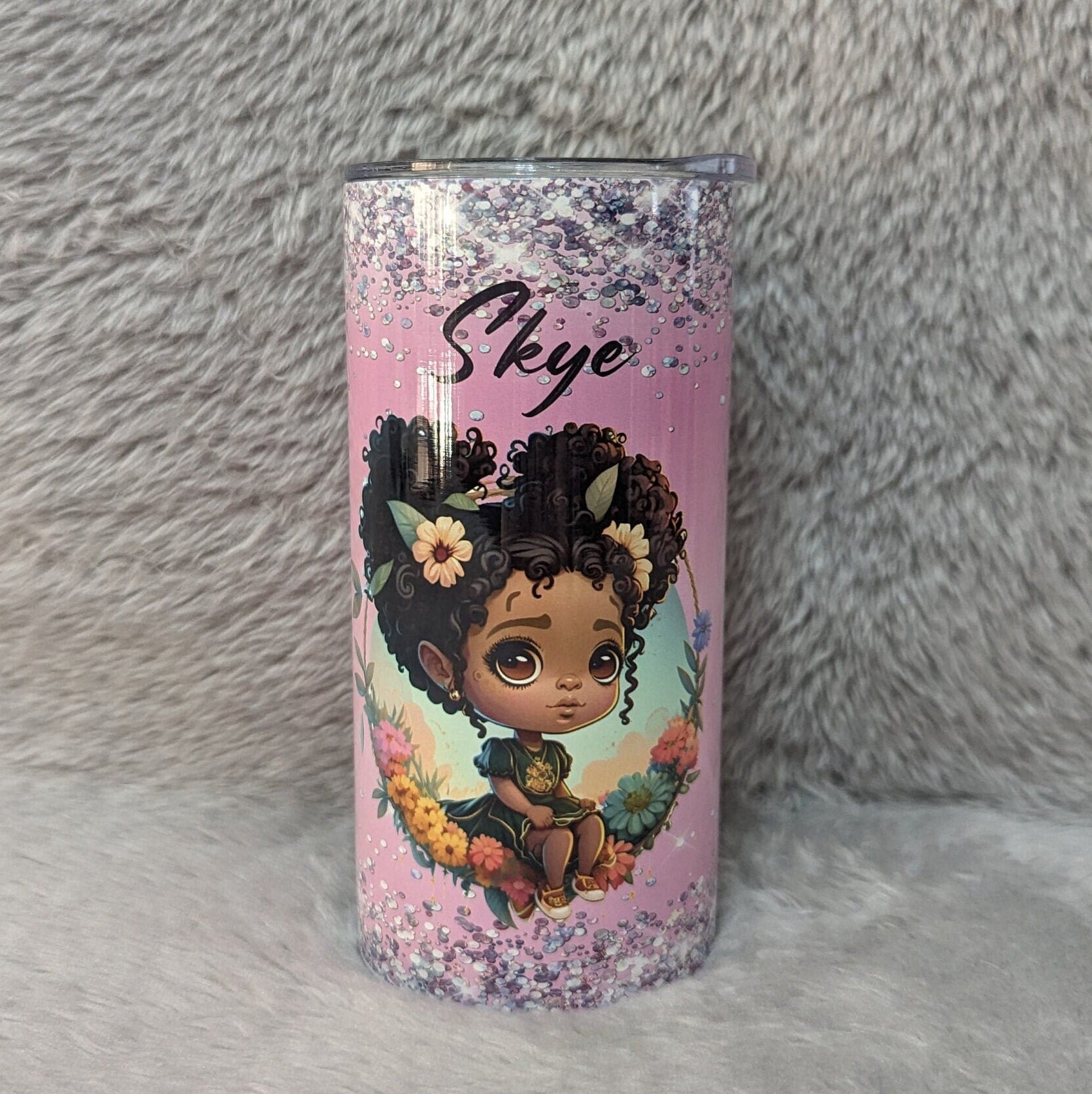 Little Girl With Pretty Flowers and A Glitter Design Tumbler 15oz With Reusable Straw, Can Be Personalized