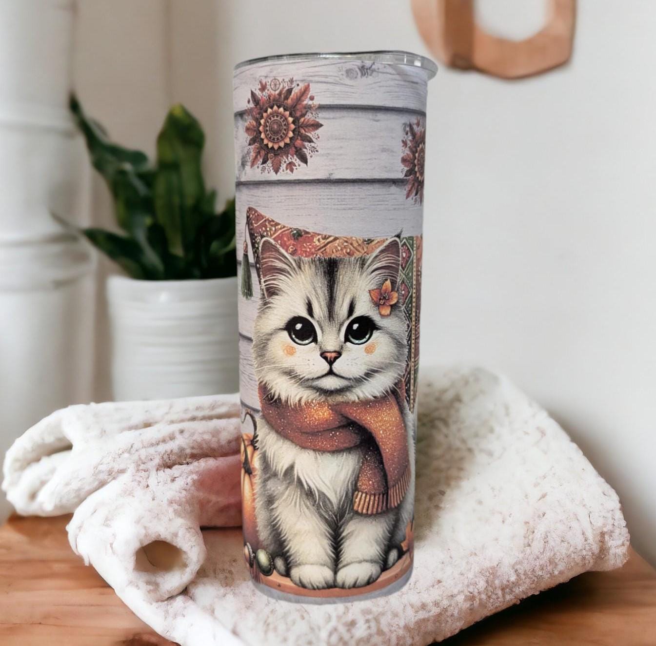 Boho Cat Tumbler 20oz With Reusable Straw, Can Be Personalized