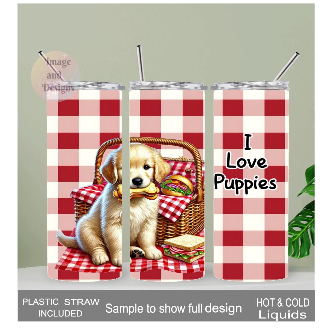 I Love Puppies Tumbler 20oz With Reusable Straw, Can Be Personalized