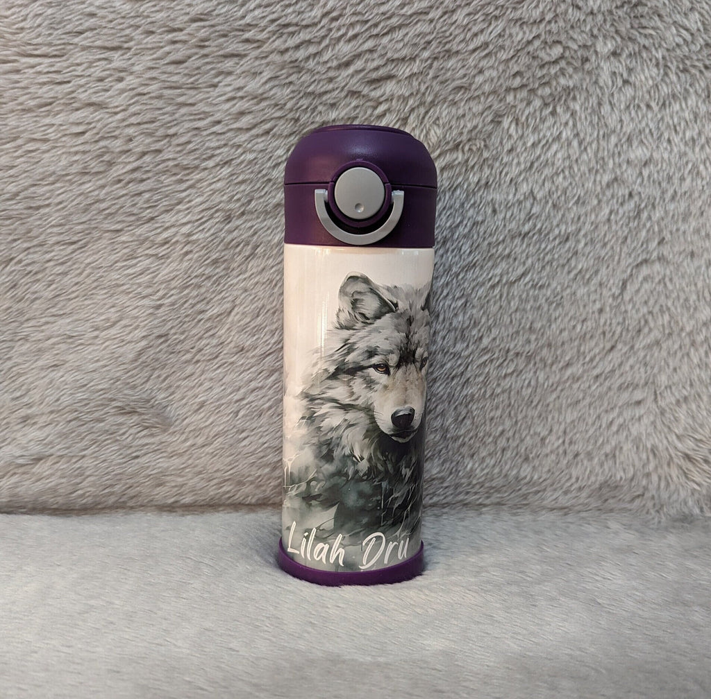 Kids Wolf Water Bottle 12oz With Reusable Straw Can Be Personalized