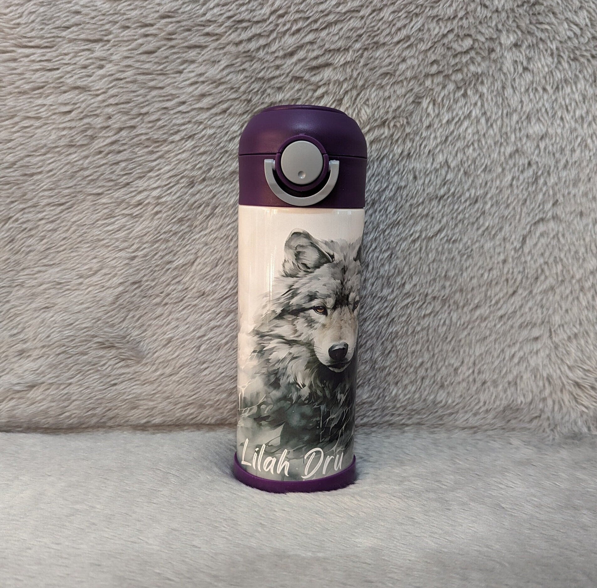Kids Wolf Water Bottle 12oz With Reusable Straw Can Be Personalized