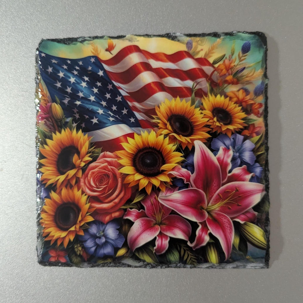 American Flag with Flowers Slate Picture With Display Legs