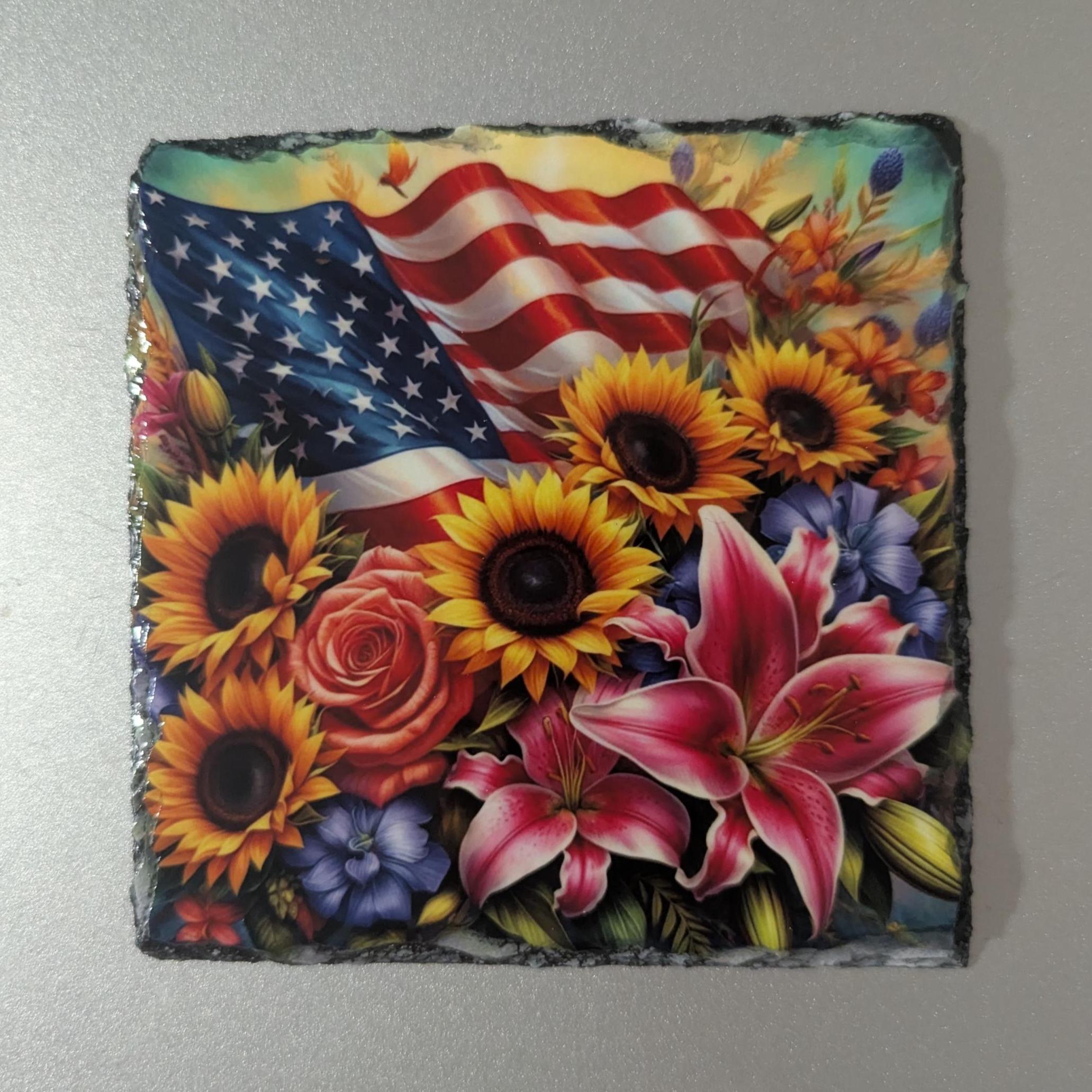 American Flag with Flowers Slate Picture With Display Legs