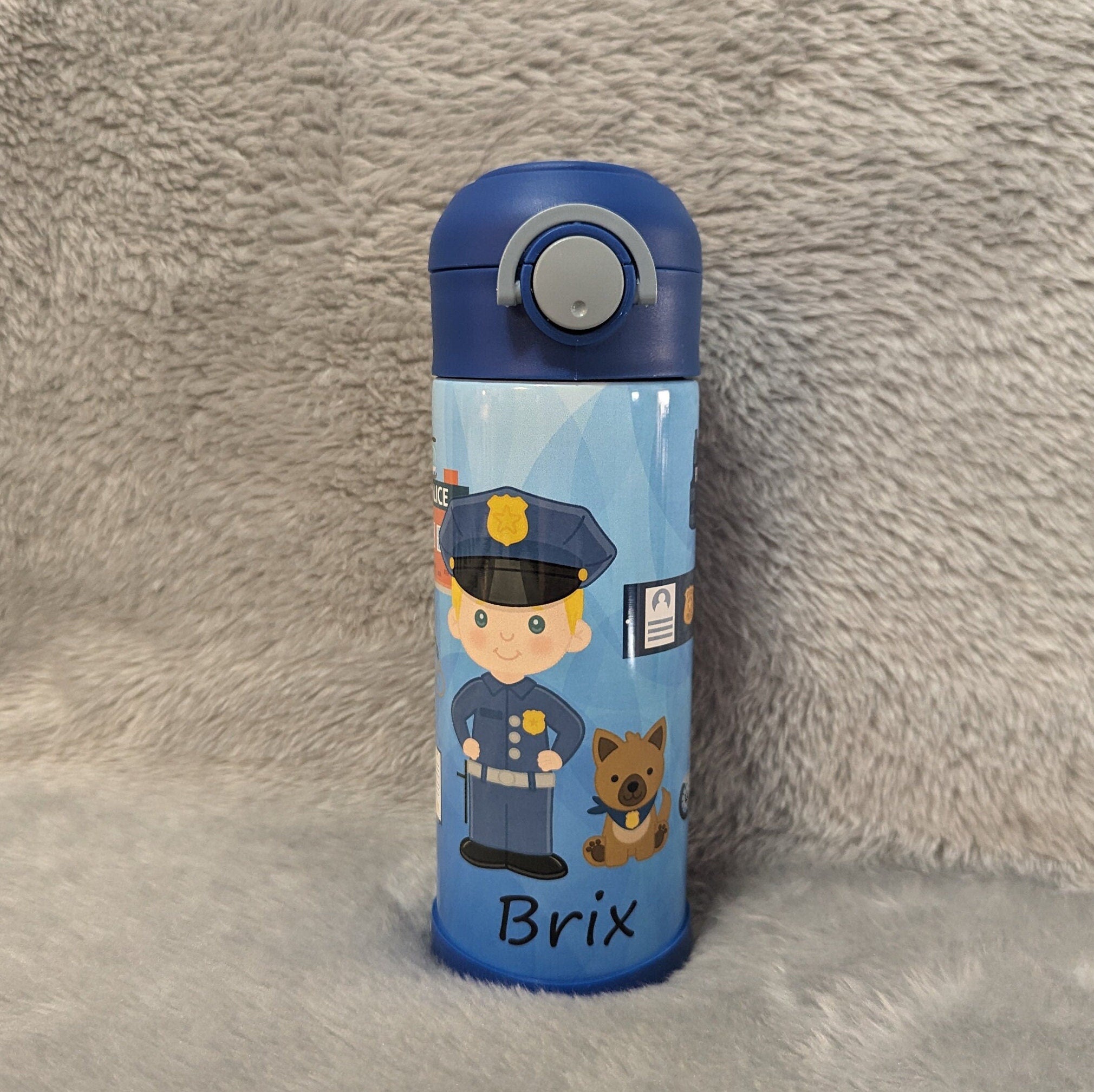 Kids Boy Cop Water Bottle 12oz With Reusable Straw Can Be Personalized