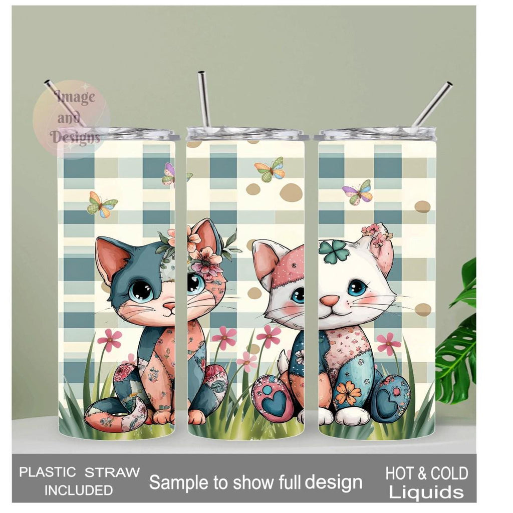 Patchwork Design Cat Tumbler 20oz With Reusable Straw, Can Be Personalized