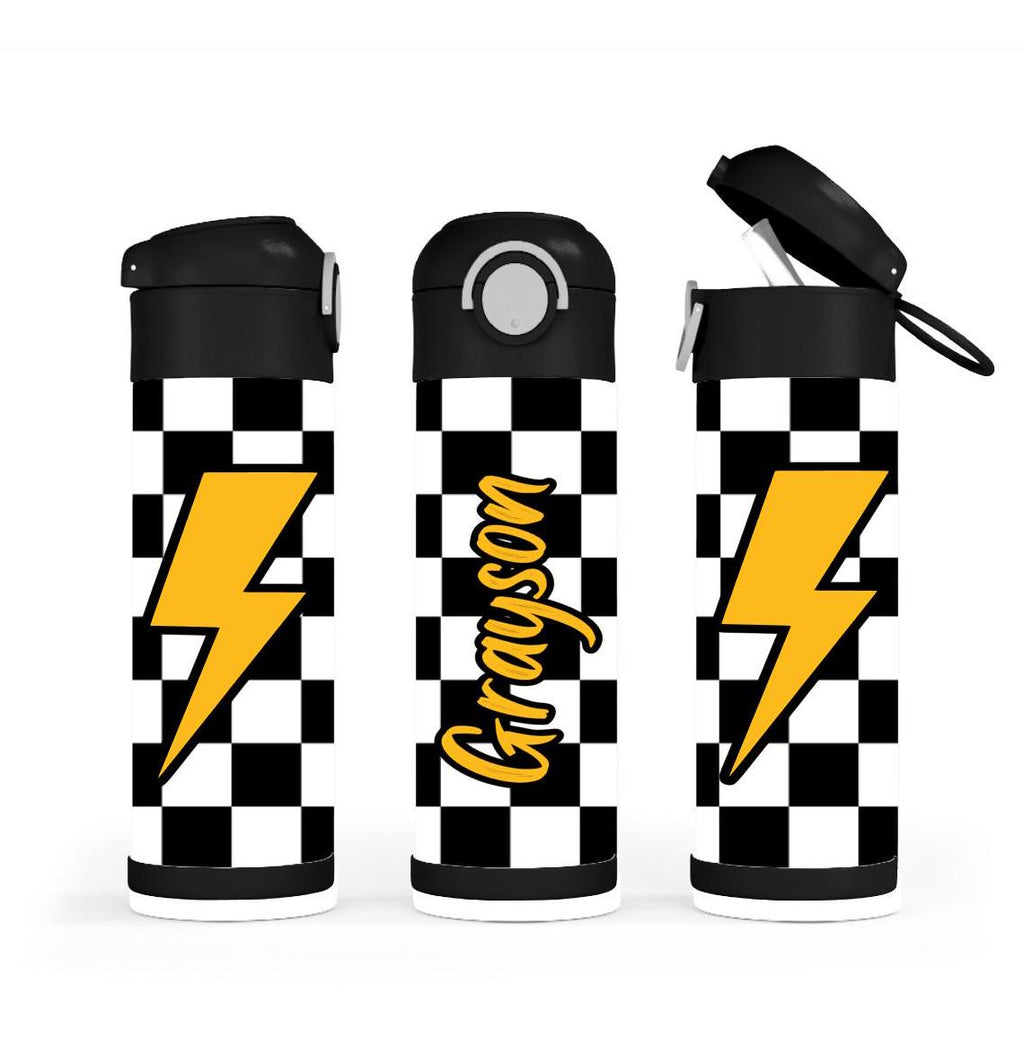 Kids Checkered Lightning Bolt Water Bottle 12oz With Reusable Straw Can Be Personalized