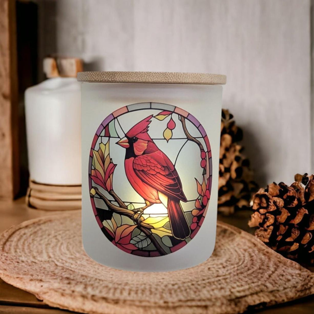 Stained Glass Red Cardinal Candle Holder With A Battery Operated Flickering Tea Light