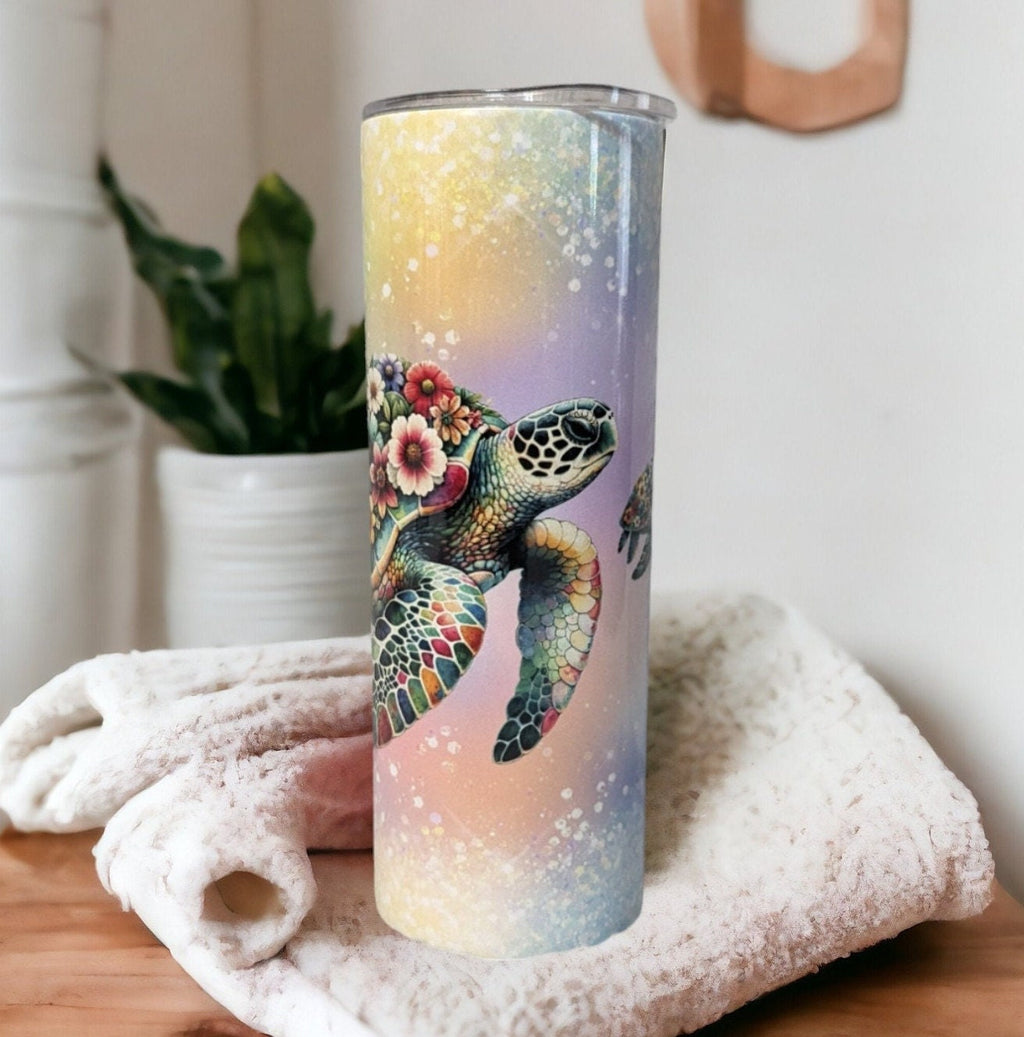 Floral Sea Turtle Tumbler 20oz Tumber With Reusable Straw, Can Be Personalized