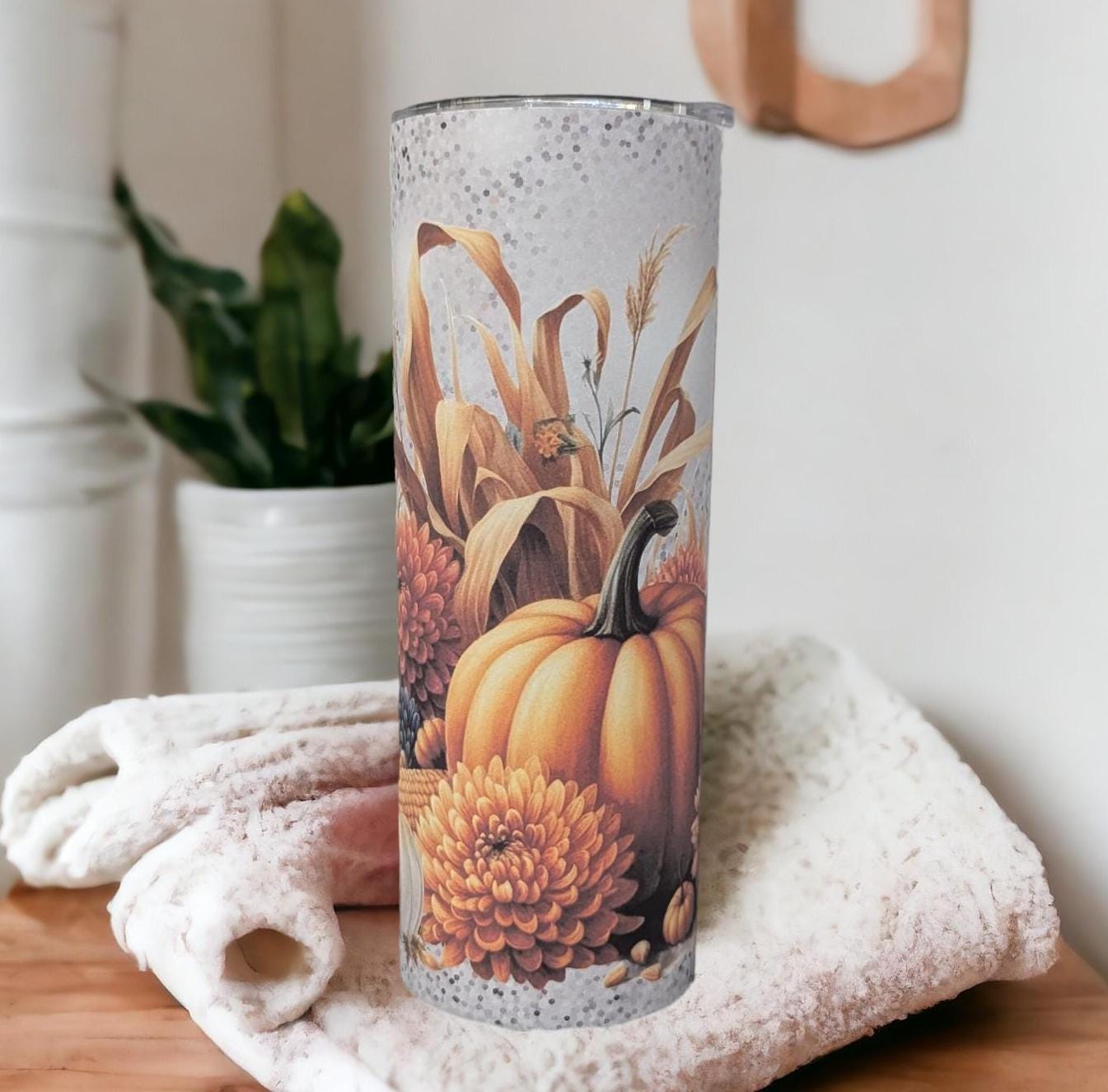 Floral Pumpkin Tumbler 20oz With Reusable Straw, Can Be Personalized