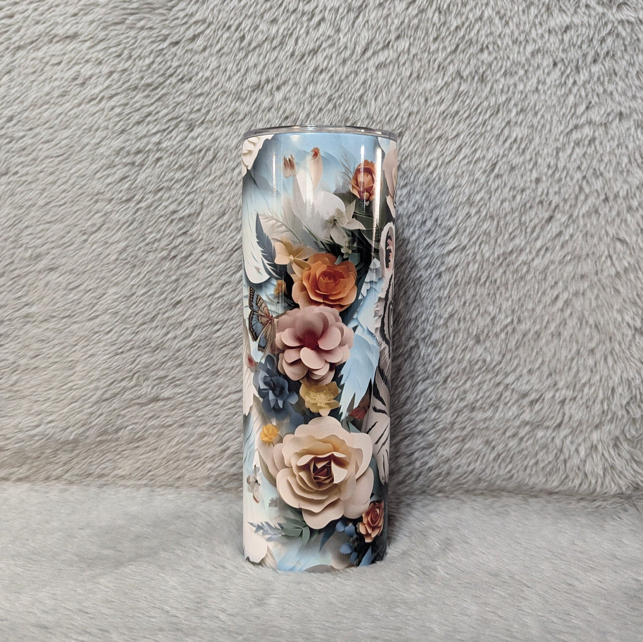3D White Tiger Design Tumbler 20oz With Reusable Straw, Can Be Personalized