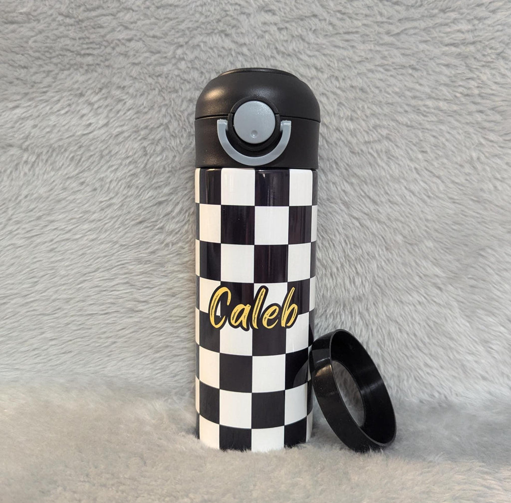 Kids Checkered Lightning Bolt Water Bottle 12oz With Reusable Straw Can Be Personalized