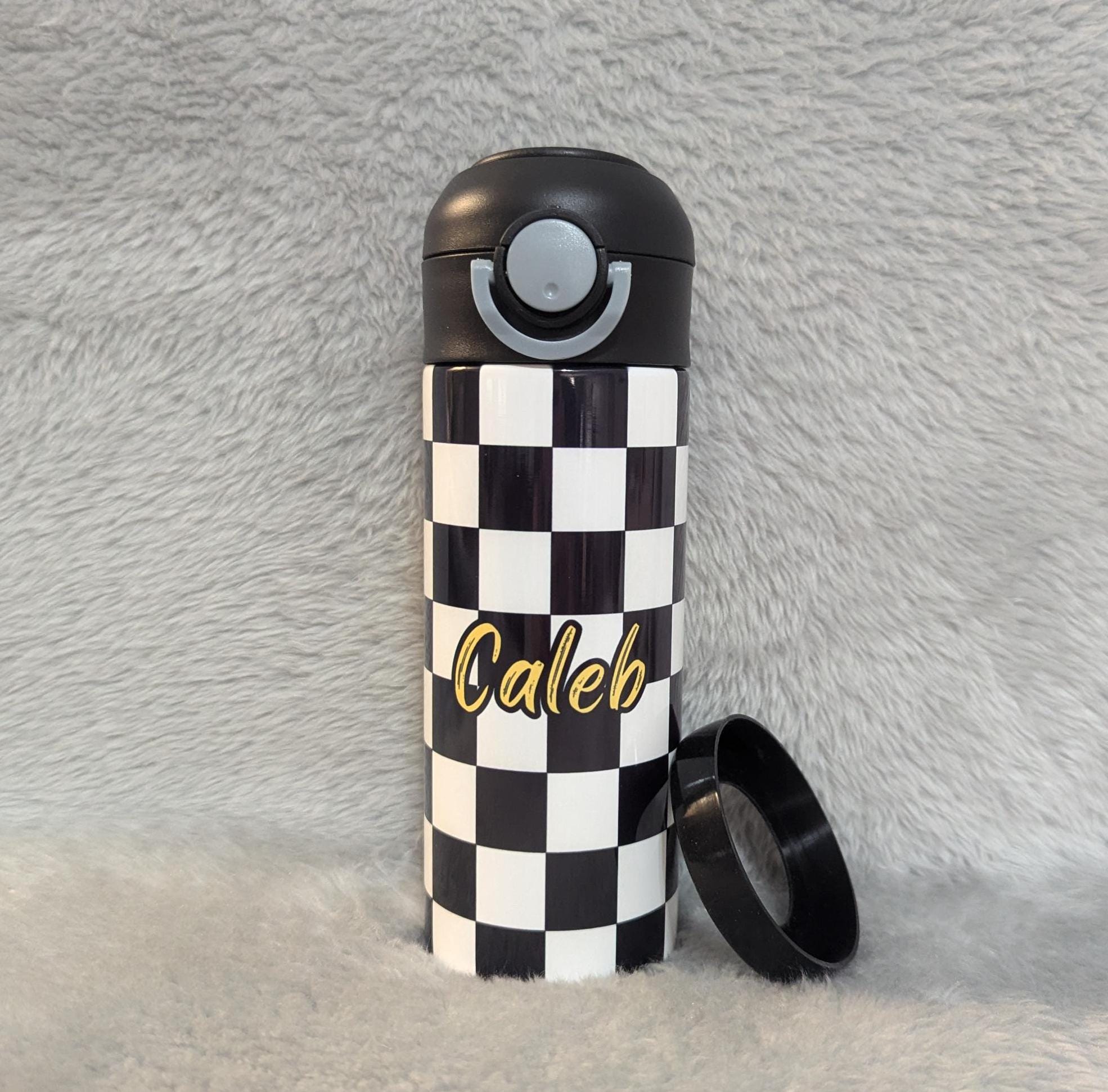 Kids Checkered Lightning Bolt Water Bottle 12oz With Reusable Straw Can Be Personalized