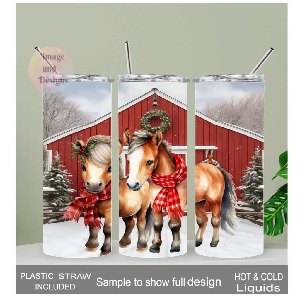 Christmas Winter Ponies Tumbler 20oz With Reusable Straw, Can Be Personalized