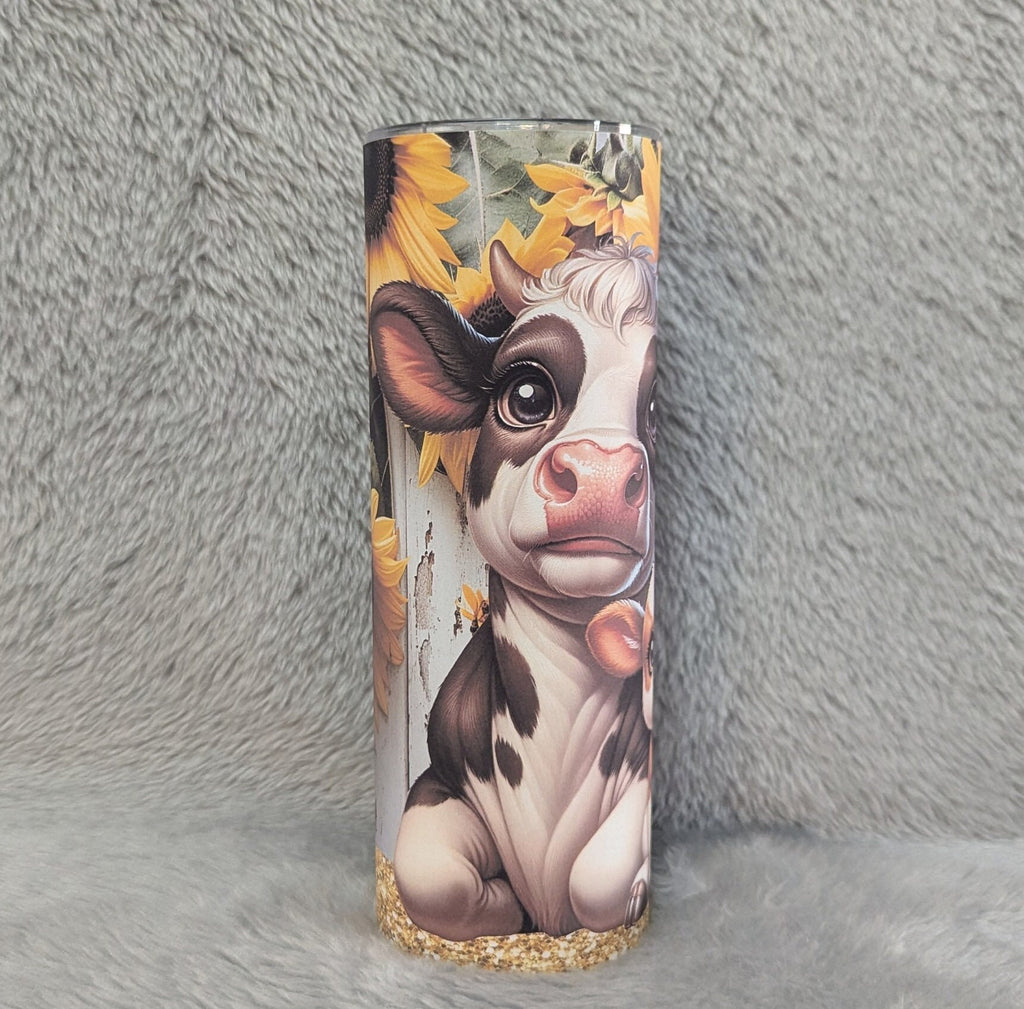 Cow Tumbler With Sunflowers 20oz With Reusable Straw, Can Be Personalized
