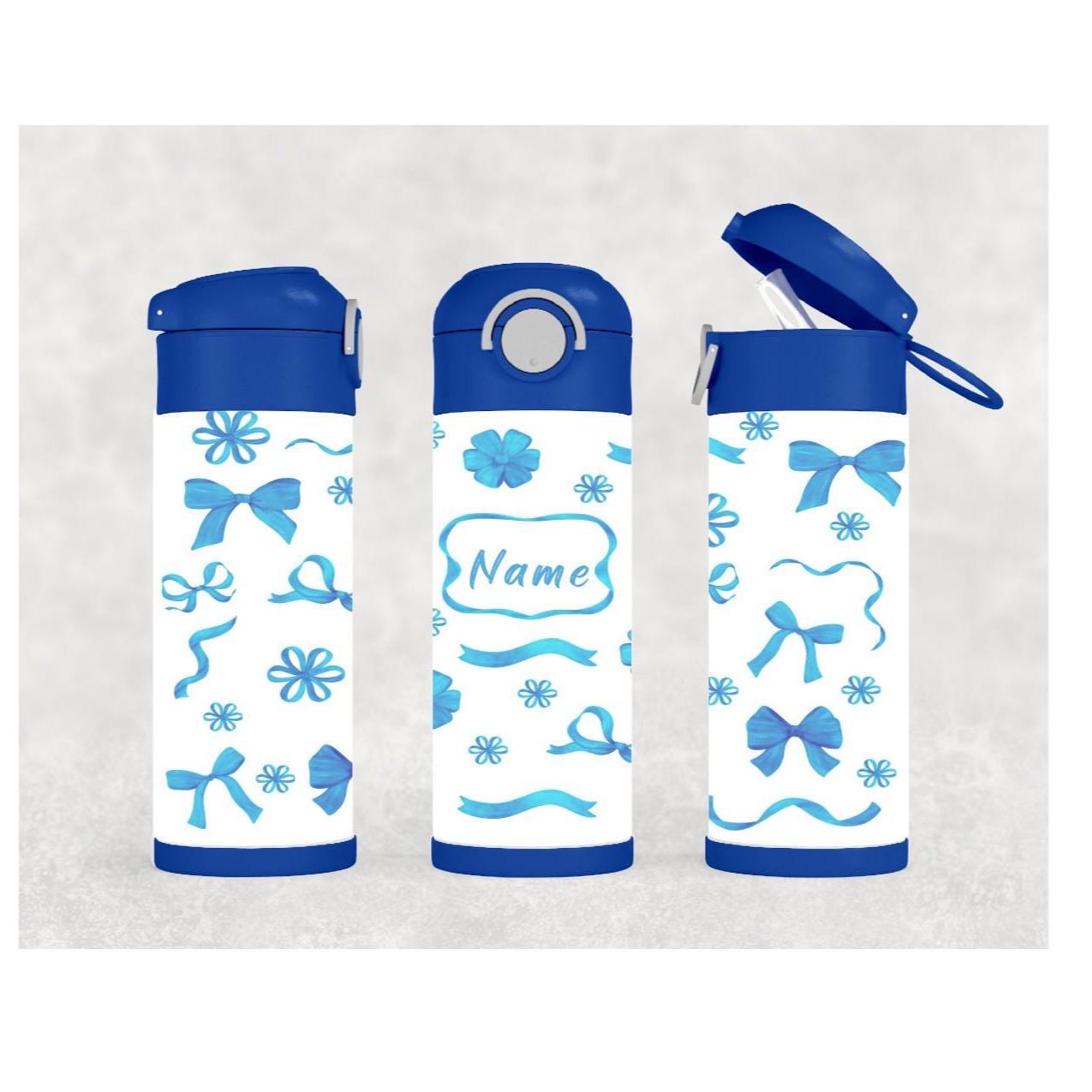 Kids Bow and Flowers Water Bottle 12oz With Reusable Straw Can Be Personalized