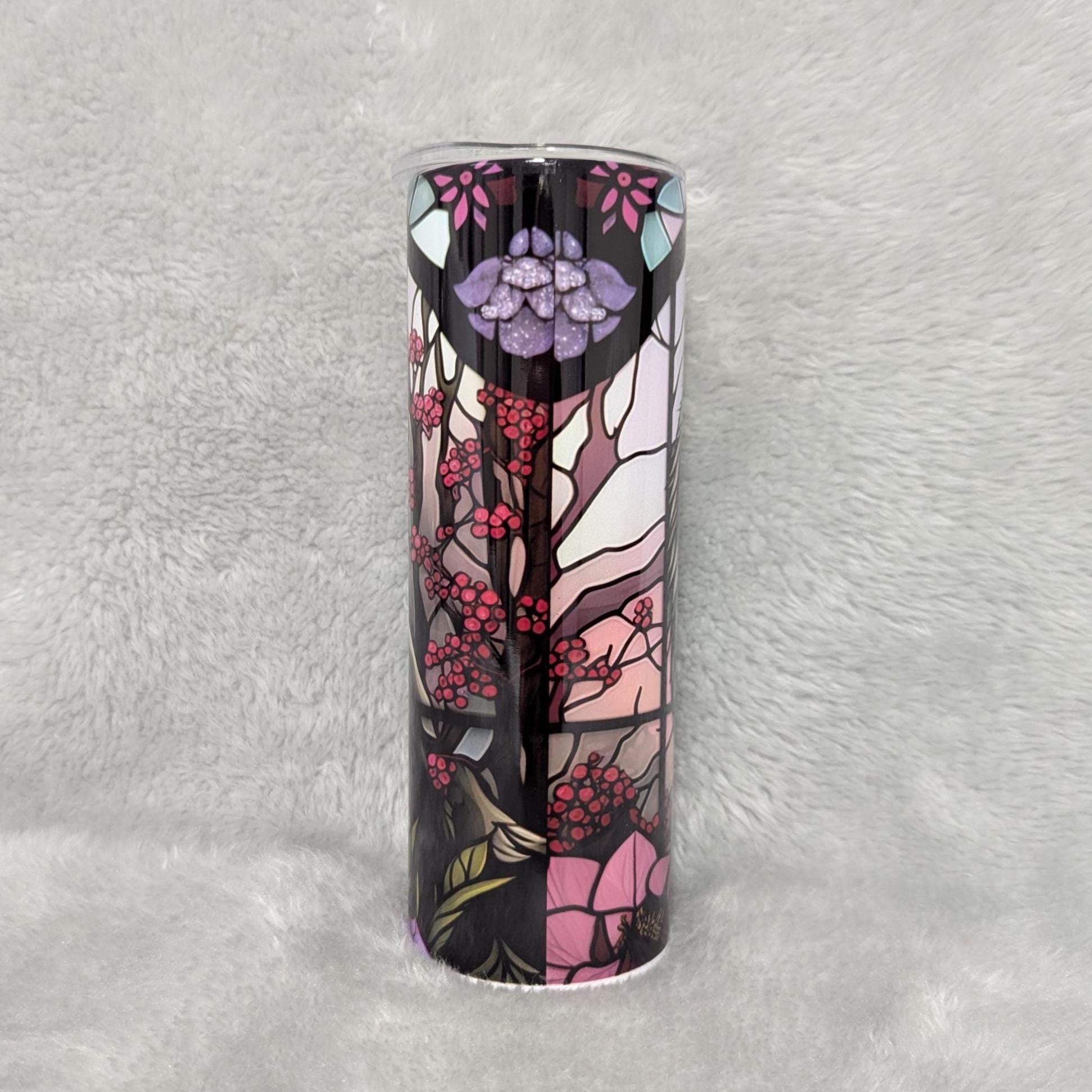 Wolf Tumbler With Flowers and A Stained Glass Design 20oz With Reusable Straw, Can Be Personalized