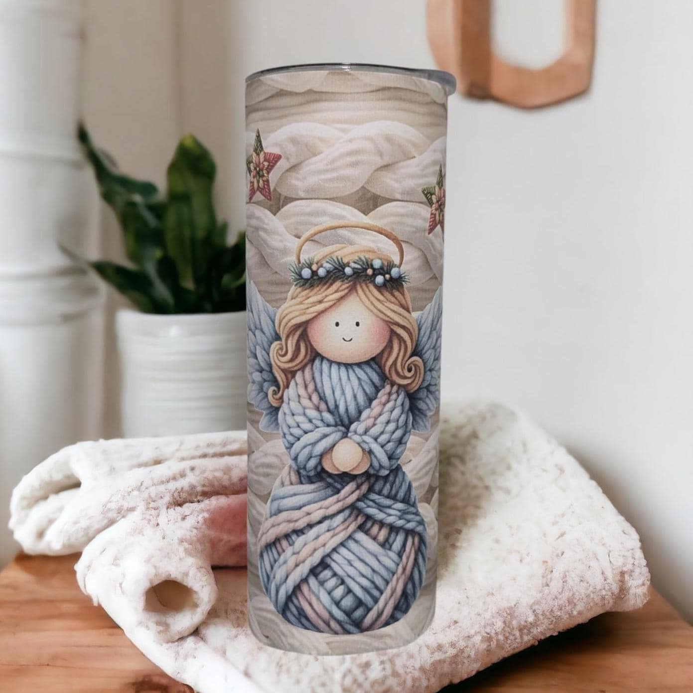 Faux Yarn Angel Tumbler 20oz With Reusable Straw, Can Be Personalized