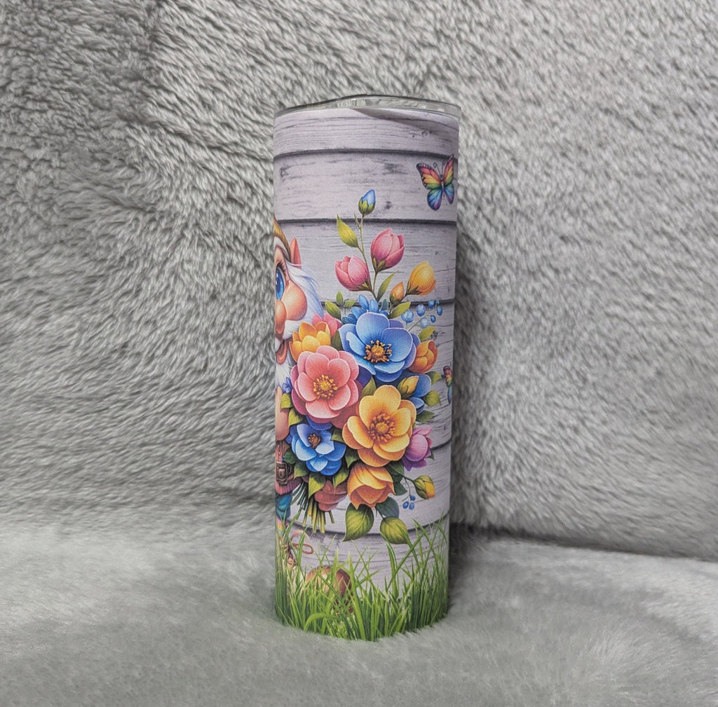 Gnome With Flowers Tumbler 20oz With Reusable Straw, Can Be Personalized