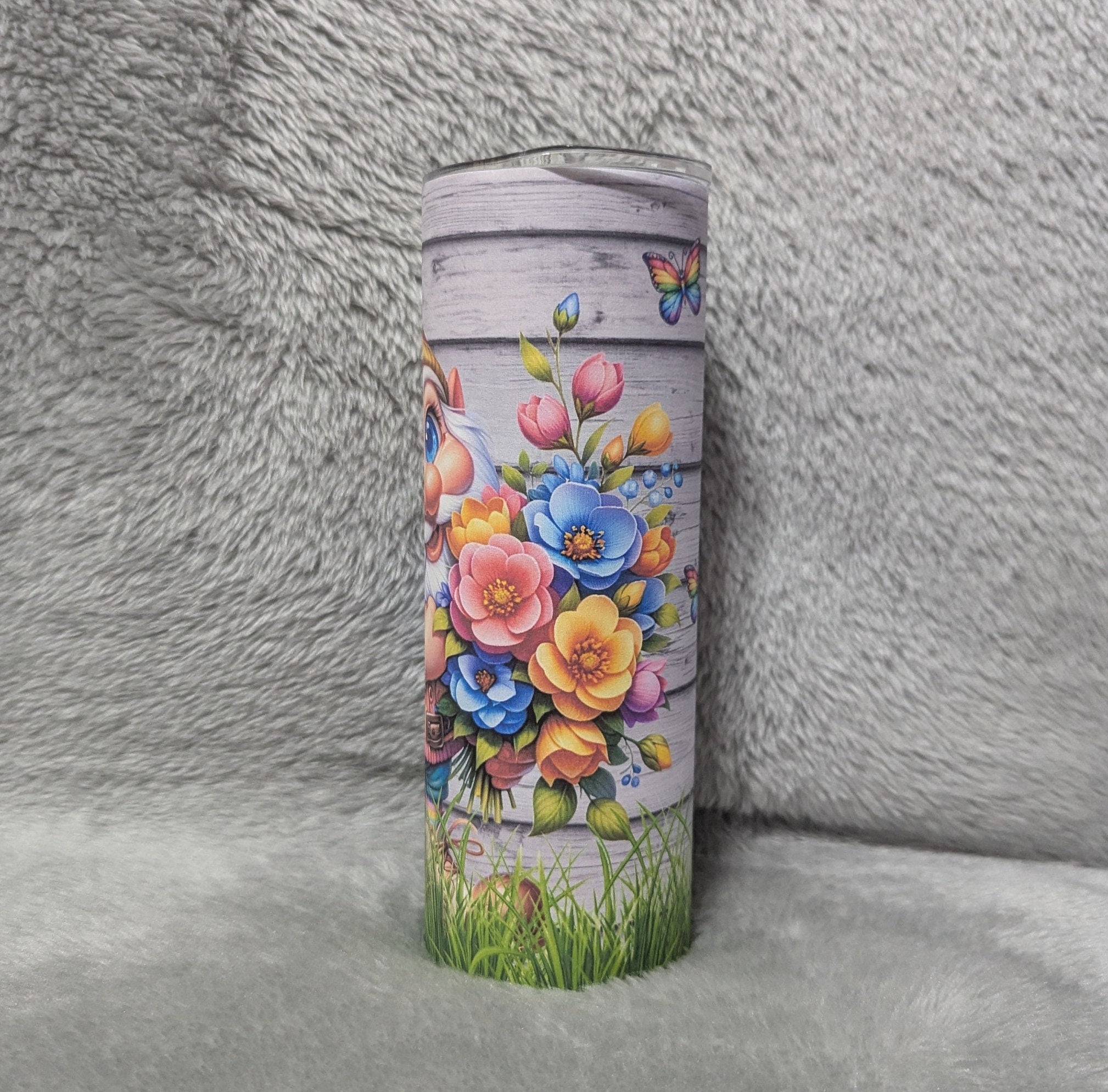 Gnome With Flowers Tumbler 20oz With Reusable Straw, Can Be Personalized
