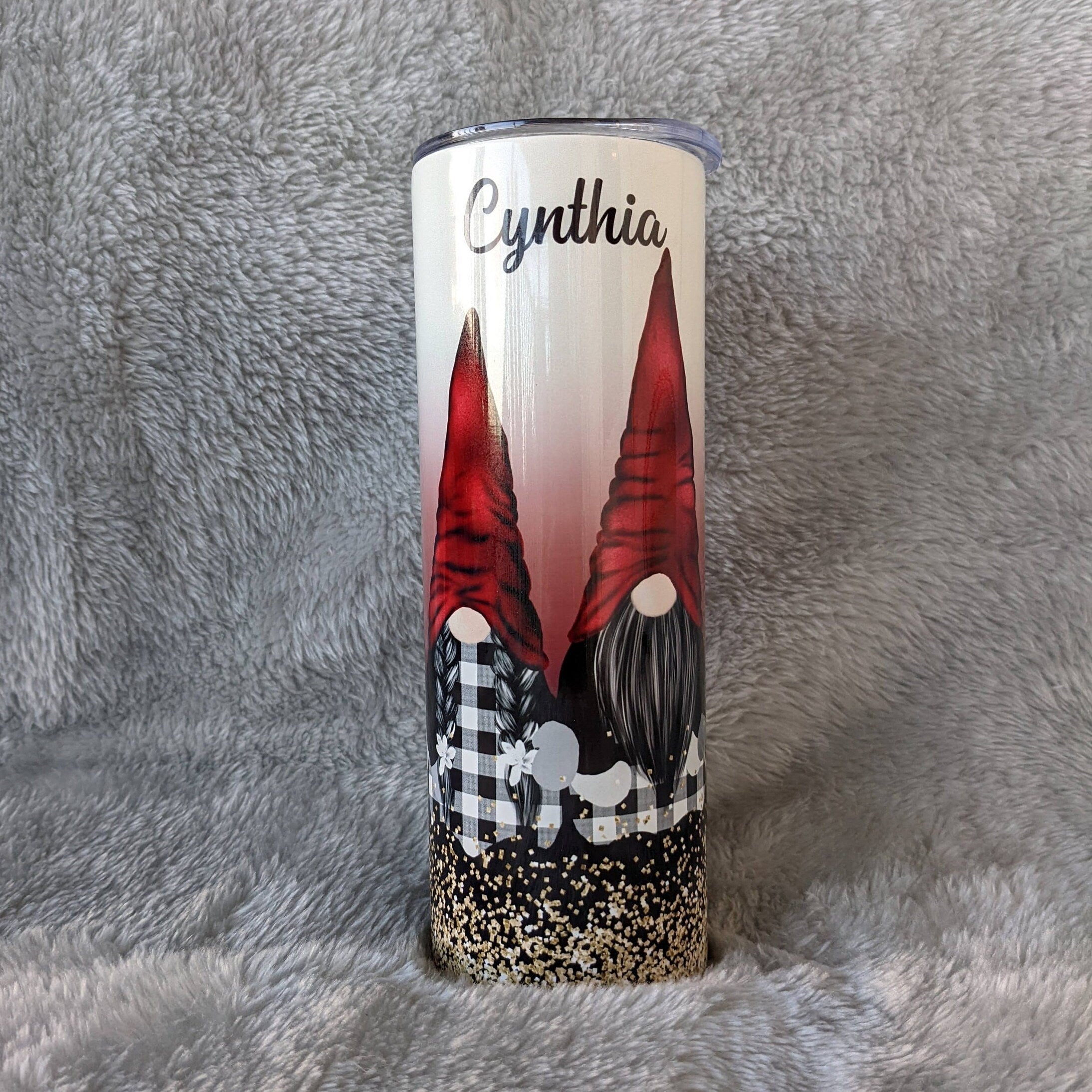 Pretty Gnome Tumbler With Four Gnomes and A Glitter Design 20oz With Reusable Straw, Can Be Personalized