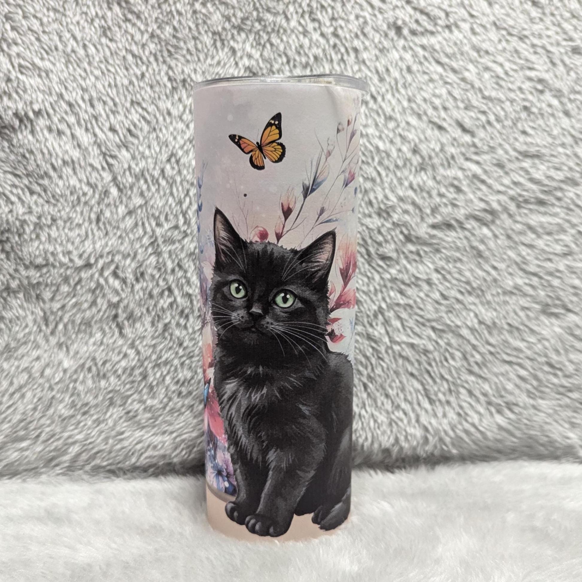 Black Cat Tumbler 20oz With Reusable Straw, Can Be Personalized