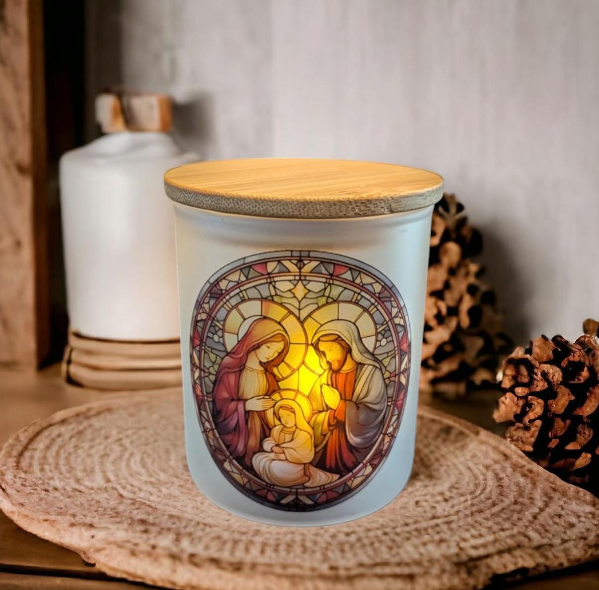 Stained Glass Design Nativity Scene Candle Holder With A Battery Operated Flickering Tea Light