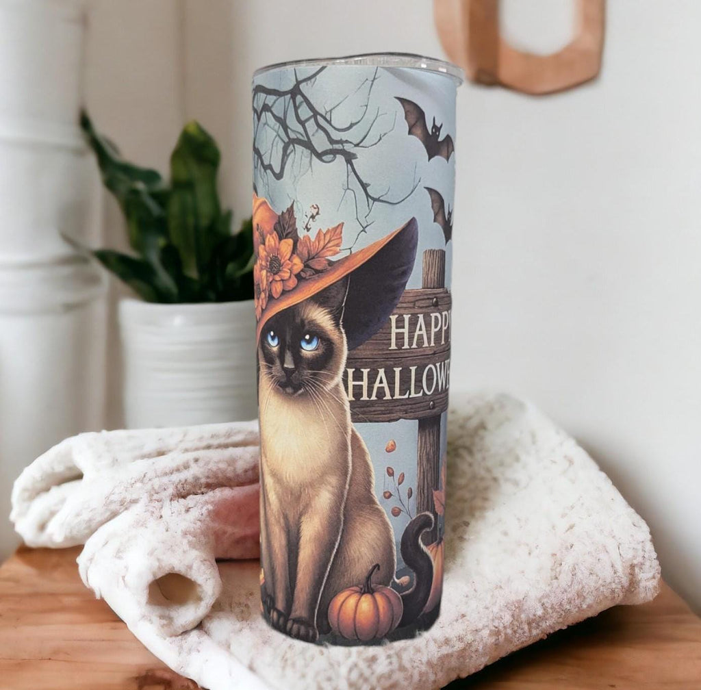 Happy Halloween Cat Tumbler 20oz With Reusable Straw, Can Be Personalized