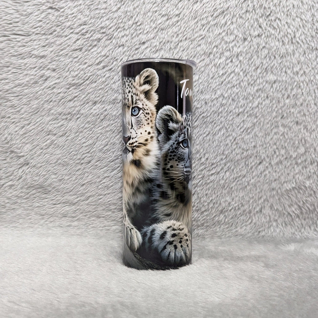 Snow Leopard Tumbler 20oz With Reusable Straw, Can Be Personalized