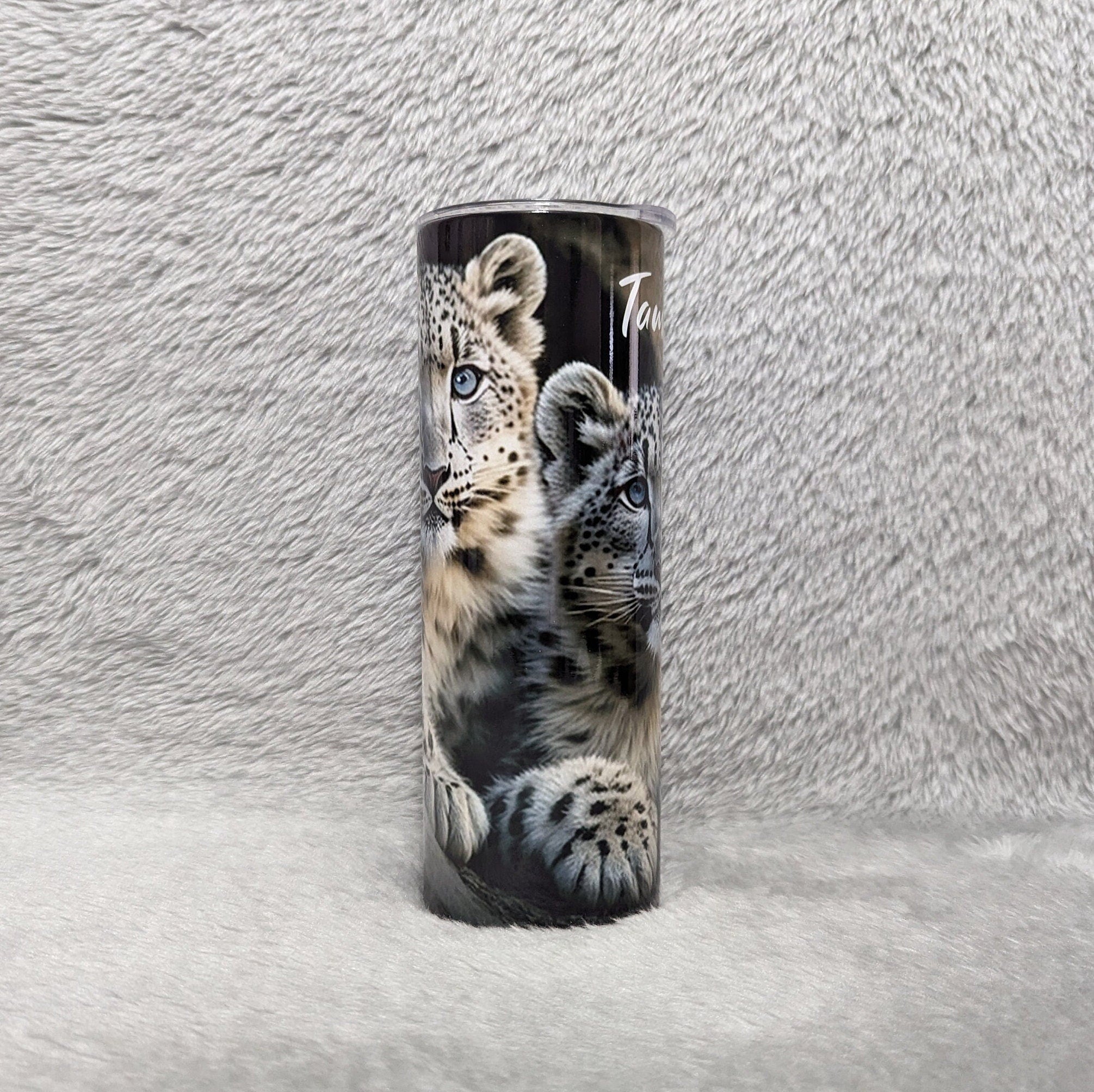 Snow Leopard Tumbler 20oz With Reusable Straw, Can Be Personalized