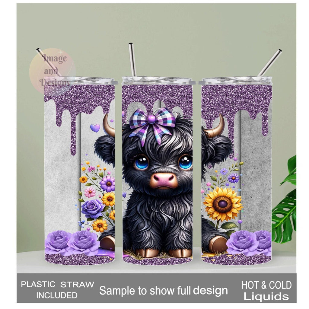 Black Highland Cow Tumbler 20oz With Reusable Straw, Can Be Personalized