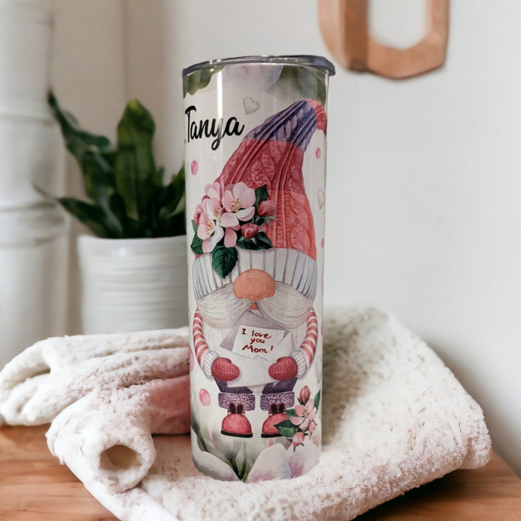 I Love You Mom Gnome Tumbler With A Gnome Holding A letter 20oz With Reusable Straw, Can Be Personalized
