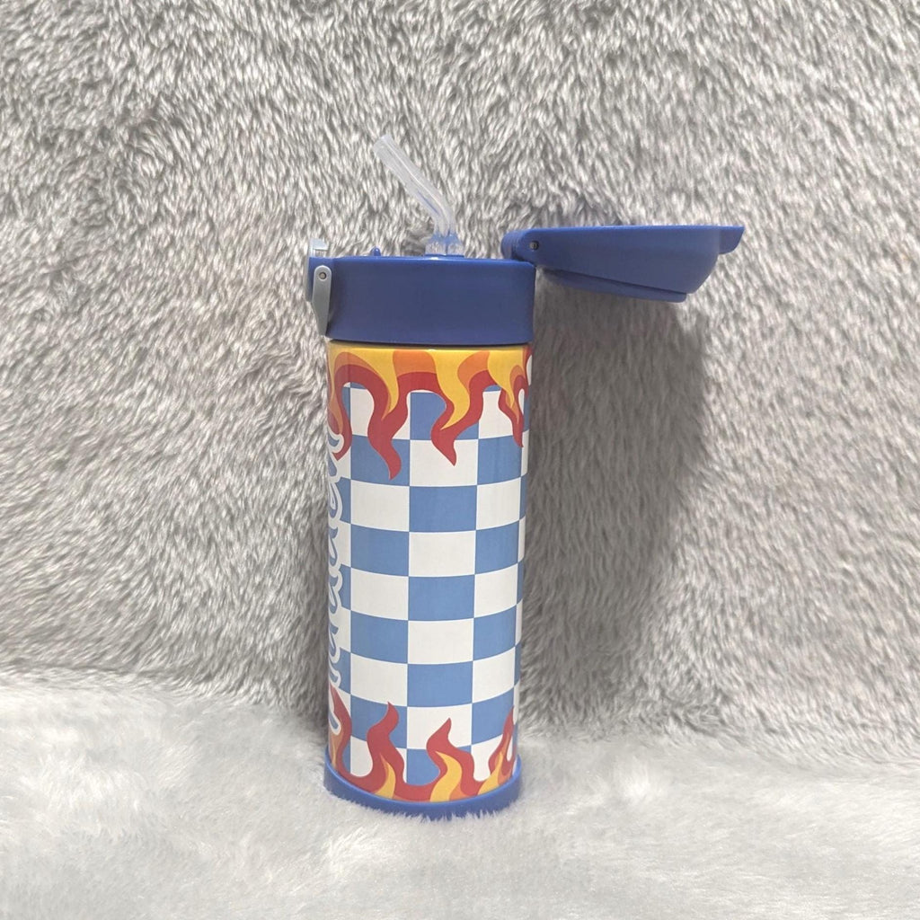 Kids Checkered Flames Water Bottle 12oz With Reusable Straw, Can Be Personalized