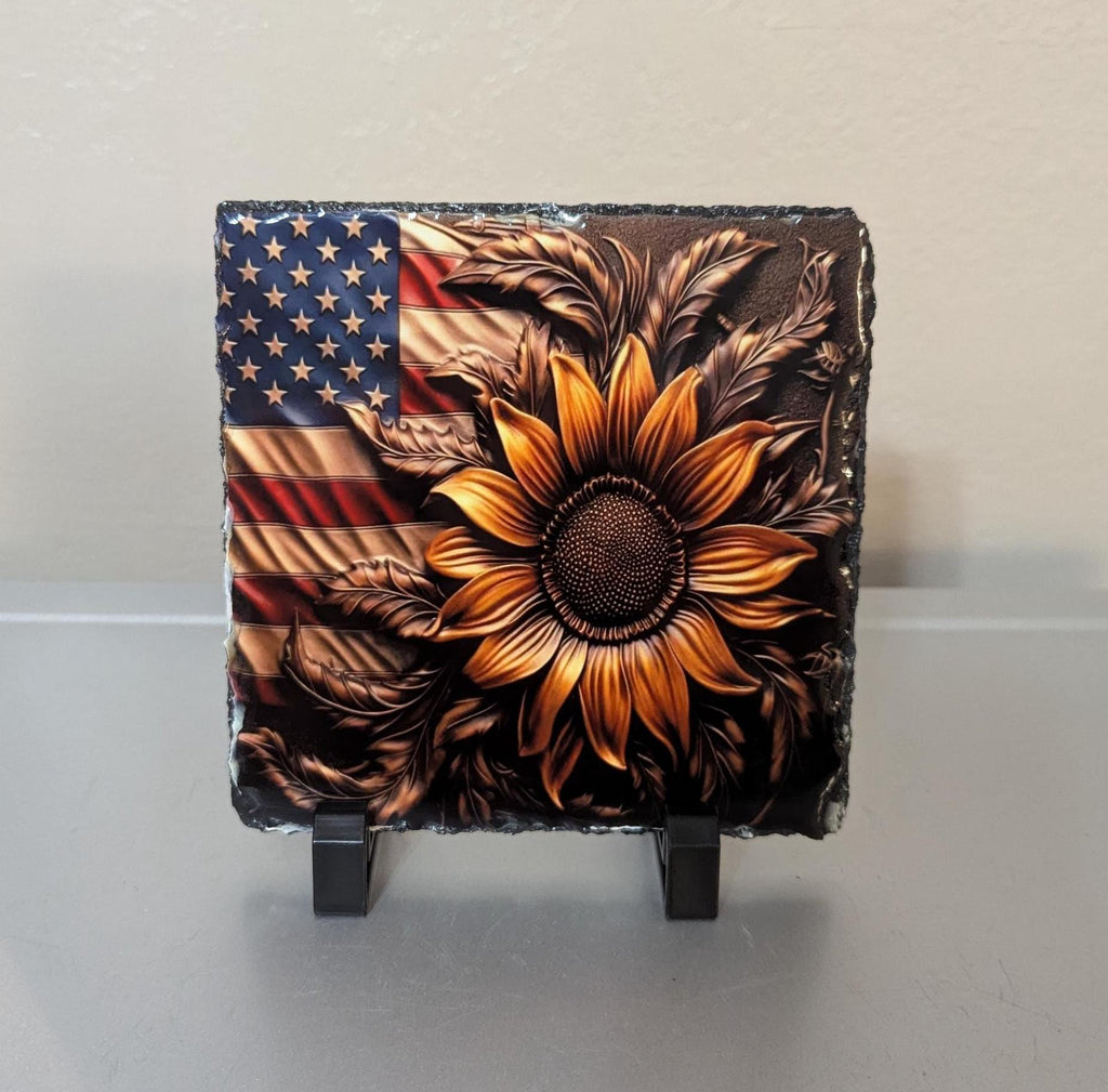 Sunflower With Flag Slate Picture With Display Legs