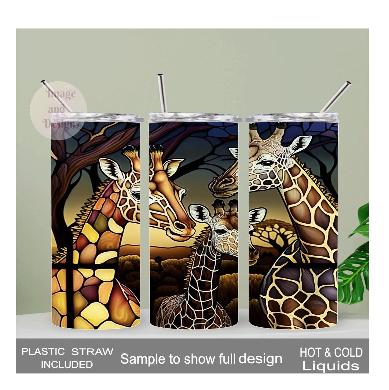 Giraffe Tumbler With A Stained Glass Design 20oz With Reusable Straw, Can Be Personalized