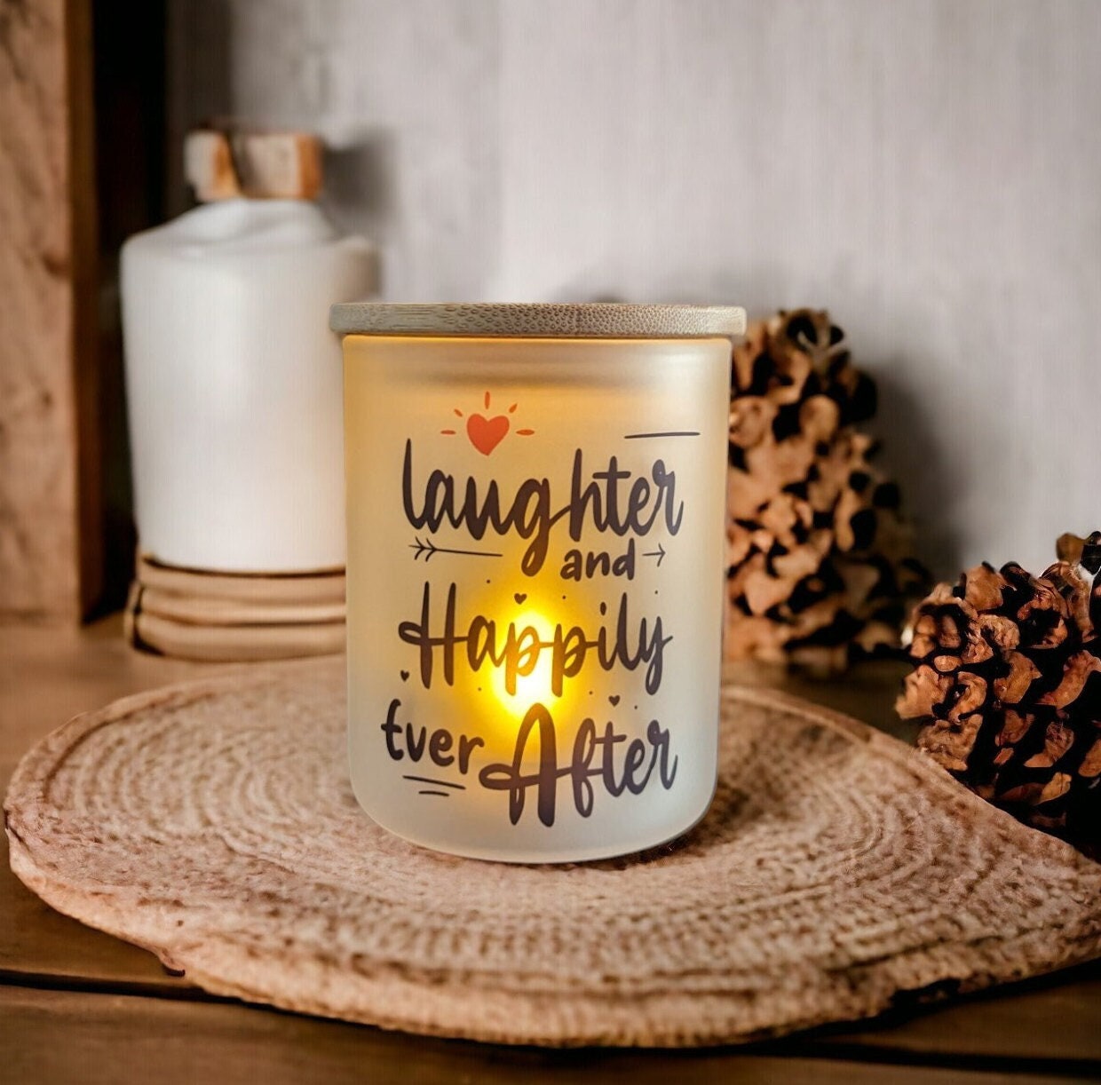 Laughter and Happily Ever After Candle Holder With A Battery Operated Flickering Tea Light