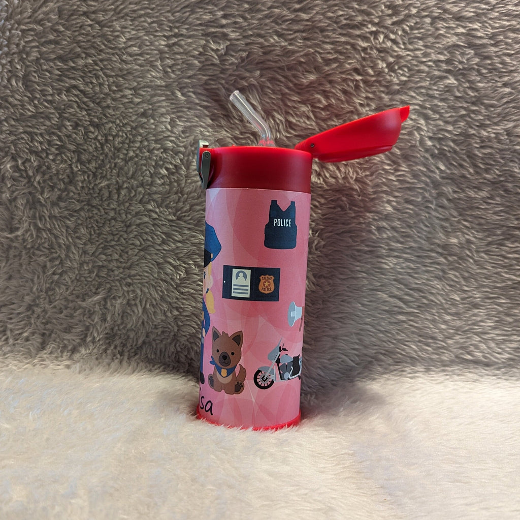 Kids Girl Cop Water Bottle 12oz With Reusable Straw, Can Be Personalized