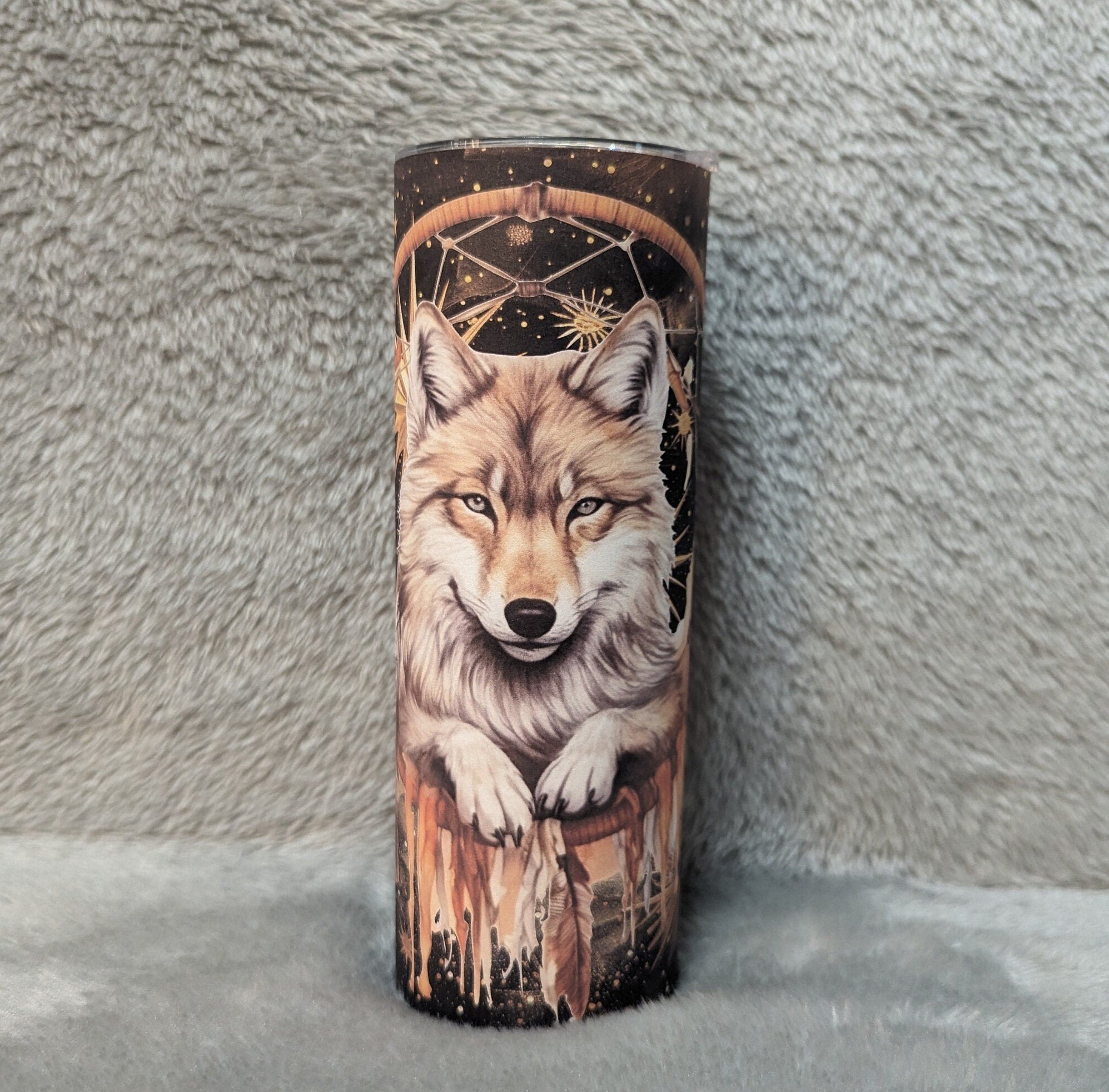 Wolf Dreamcatcher Tumbler 20oz With Reusable Straw, Can Be Personalized