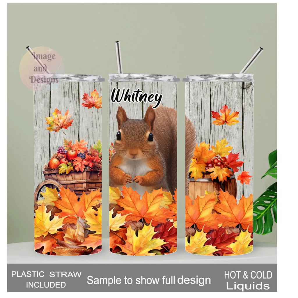 Squirrel Tumbler with Autumn Leaves 20oz With Reusable Straw, Can Be Personalized