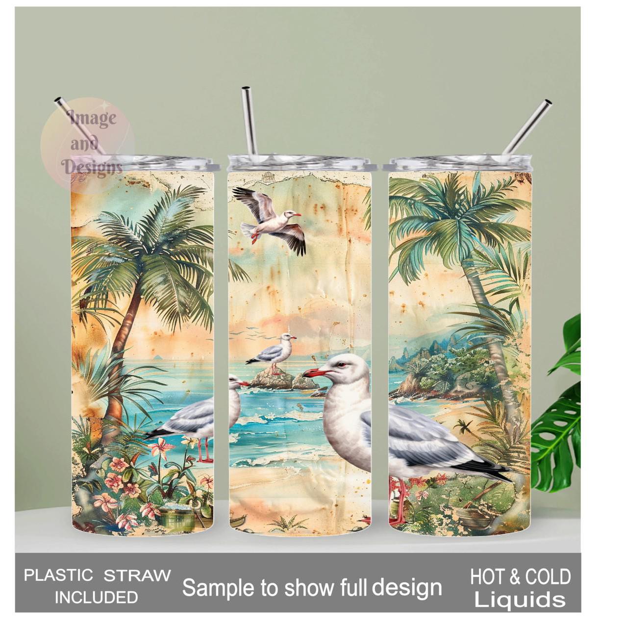 Seagull Beach Tumbler 20oz With Reusable Straw, Can Be Personalized
