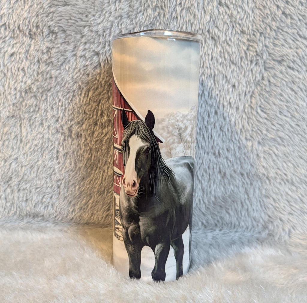 Horse Tumbler with Horses By the Barn and a Snow Scene Background 20oz With Reusable Straw, Can Be Personalized