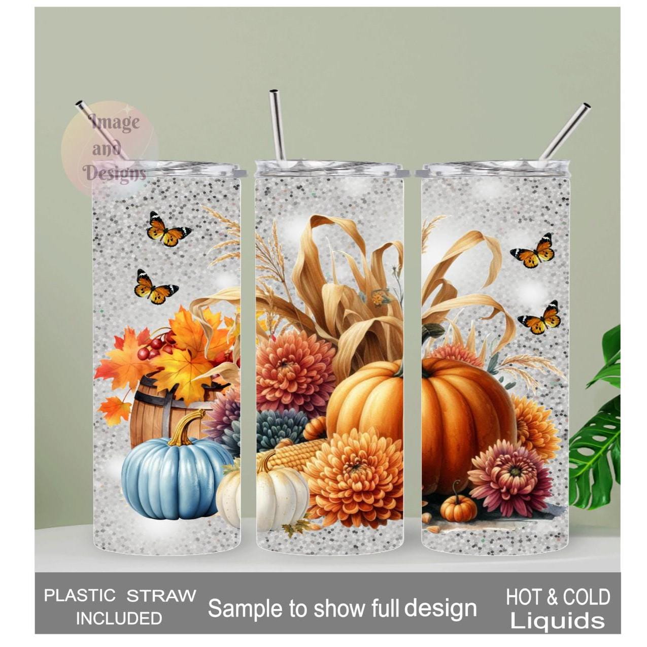 Floral Pumpkin Tumbler 20oz With Reusable Straw, Can Be Personalized