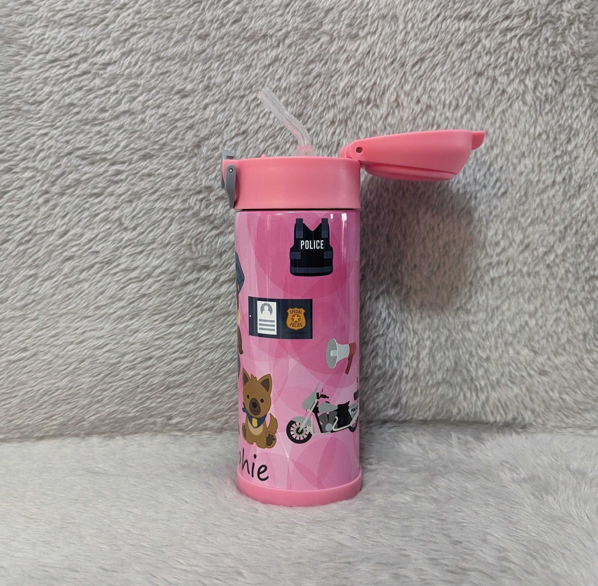 Kids Girl Cop Water Bottle 12oz With Reusable Straw Can Be Personalized