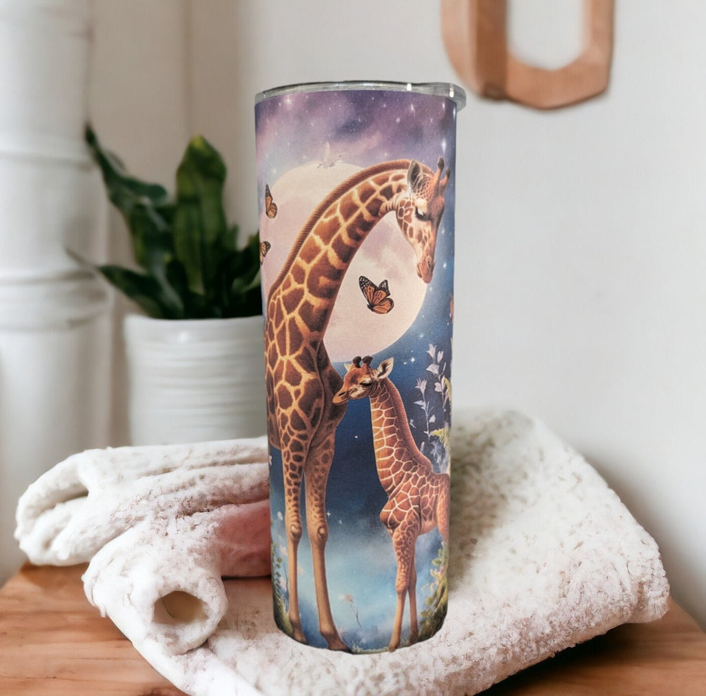Giraffe Tumbler With A Mom and Her Baby 20oz With Reusable Straw, Can Be Personalized