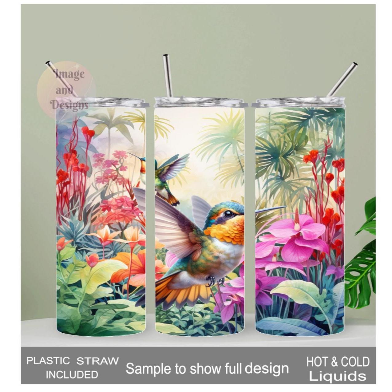 Colorful Hummingbird with Tropical Flowers Tumbler 20oz With Reusable Straw, Can Be Personalized