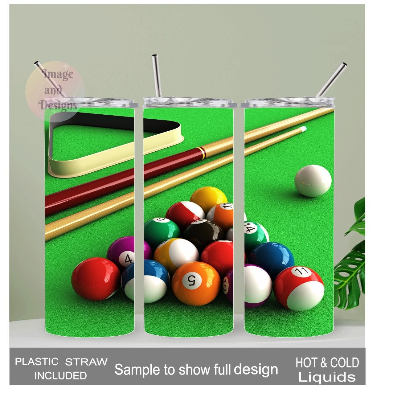 Pool Ball Table with Pool Balls Tumbler 20oz With Reusable Straw, Can Be Personalized